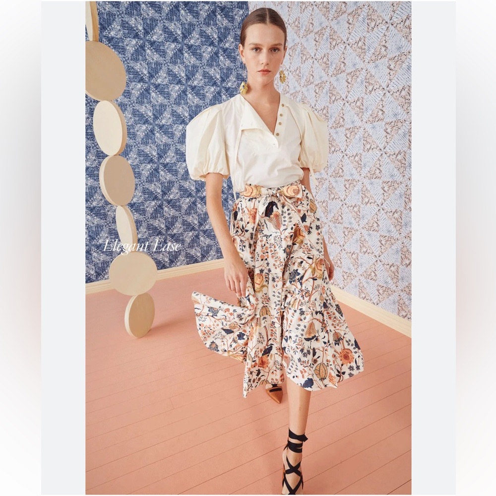 Ulla Johnson Floral Midi Skirt in Cream and Brown